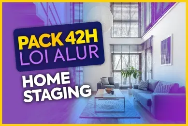 Salon élégant d'une maison avec l'inscription 'Loi Alur Pack 42H Home Staging